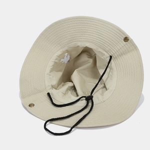 Beige wide brim outdoor sun hat with embroidery and adjustable windproof strap
