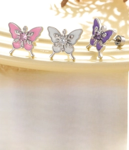 Detailed view of titanium steel butterfly stud earrings with colorful enamel and zircons