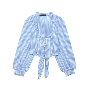 Haut Court Gingham Femmes Col V Volants Manches Bouffantes Noeud Devant Chemisier Doux Bleu Clair Décontracté Polyester