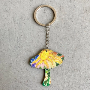 Colorful mushroom keychain with sun face embroidery and silver metal ring