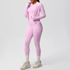 Three-piece light pink yoga set featuring a zipper jacket and high-waist pocket leggings