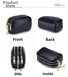 Black pebbled leather coin purse with triple gold zippers and a handy key ring attachment
