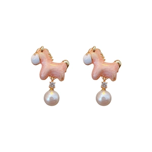 18K gold plated pony earrings with pink enamel, white pearls and sparkling zircons