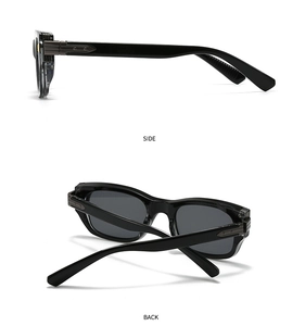Side and back view of aviator sunglasses with silver metal hinges and dark lenses