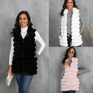 Gilet En Fausse Fourrure Pour Femmes Longueur Moyenne Moelleux Sans Manches Fermeture Éclair Hiver Chaud