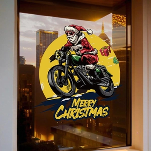 Merry Christmas glass window sticker featuring Santa Claus riding a motorcycle