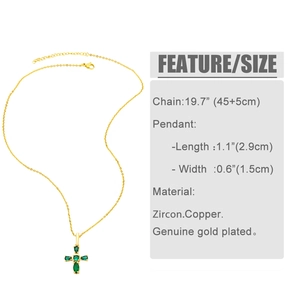Detailed size chart for the gold-plated cross necklace with green zircon stones