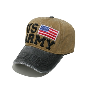Detailed embroidery of US ARMY letters and American flag patch on washed cotton baseball cap