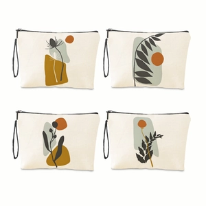 Set of four ink print makeup bags with bohemian abstract plants and wrist straps