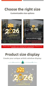 Size comparison guide for 2026 gold balloon Christmas window stickers on glass storefronts
