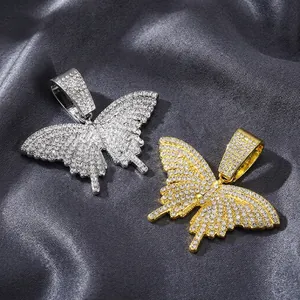 Iced out butterfly pendant necklaces in gold and silver finish with Cuban link chains