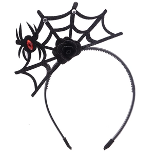 Detail of Halloween headband with black rose, spider web and a red rhinestone accent