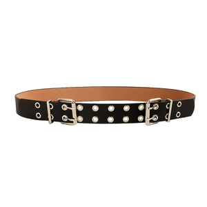 Black Y2K punk style wide PU leather belt with double square buckles and metal eyelets