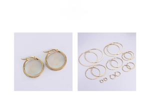 Detail of gold titanium hoop earrings featuring faceted texture and various sizes