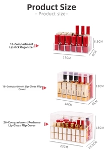 Size chart showing multi-slot acrylic lipstick organizers with dustproof lids and dimensions