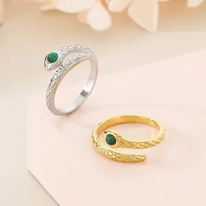 Vintage Snake Ring Stainless Steel Malachite Inlaid Open Adjustable Rhombic Pattern Retro Animal Shape Fashion Jewelry Women