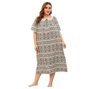 Plus size short sleeve nightgown with lace trim and geometric print on beige fabric