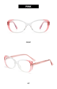 Detailed view of pink transparent cat-eye glasses frames from front and 45-degree angles
