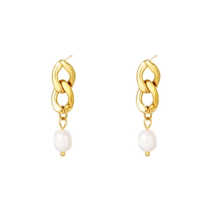 Detail view of elegant gold pearl drop earrings with dual interlocking chain links