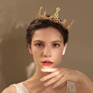 Luxury Retro Bridal Crown Tiara Full Round Golden Alloy Rhinestone Floral Wedding Hair Accessories Women