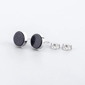 Punk style silver titanium steel stud earrings with deep blue starry sandstone stone