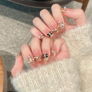 Press On Nägel Rosa Jelly Französischer Stil Mit Schwarzer Schleife Künstliche Perle Glitzer Tweed Muster Kurze Eckige Künstliche Nägel