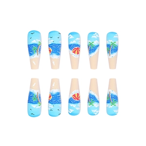 Hawaii beach style long coffin press-on nails with blue sky and palm tree hand-painted art