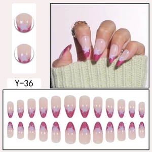 Short oval press-on nails with pink French tips and purple stars, model Y-36