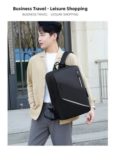 Waterproof business laptop backpack with reflective stripe shown on a male model outdoors