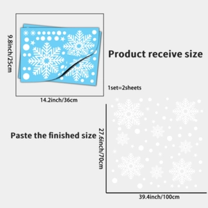 Christmas snowflake window stickers showing product size and finished display layout