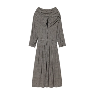 Elegant Houndstooth Maxi Dress Long Sleeve V Neck High Waist Pleated Belted Woven Polyester Vintage Style For Women