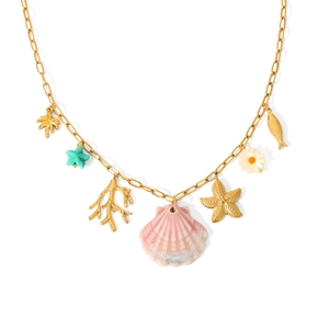 Gold stainless steel starfish and seashell pendant necklace with tropical charms