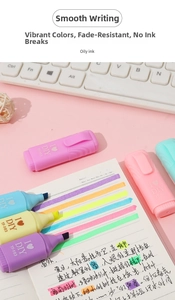Detailed view of mini pill highlighters with chisel tips on a white notebook background