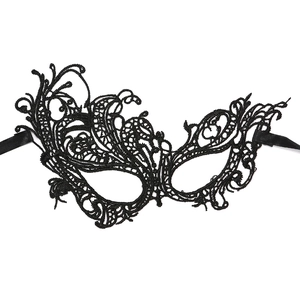 Elegant black lace masquerade eye mask with intricate vine patterns on white background