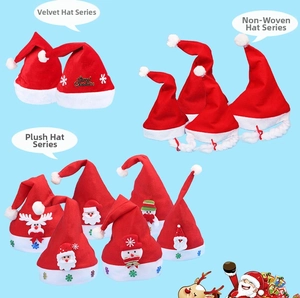 Flat lay display of festive velvet and non-woven Christmas hats with classic holiday patterns