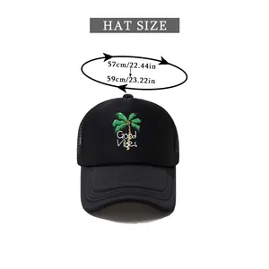 Size chart for black mesh trucker hat with coconut tree and Good Vibes embroidery