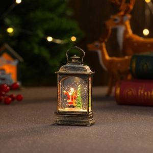Vintage bronze Christmas lantern with Santa scene and glowing glitter snow effect
