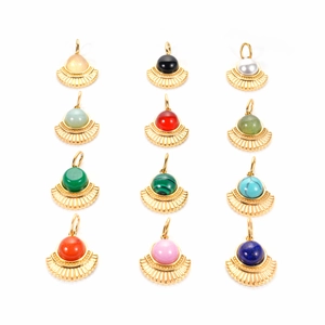 Retro stainless steel sun fan pendants with twelve colorful natural stones for DIY jewelry