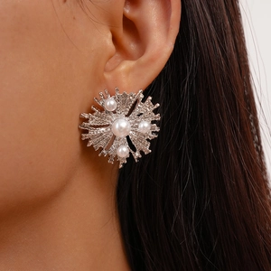 Detailed view of silver flower earrings with pearls and metallic coral texture