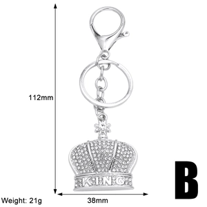 Silver crown keychain with sparkling rhinestones and KING text measuring 112mm in length