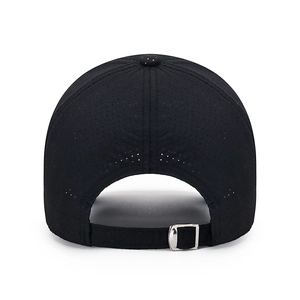 Rear view of black breathable mesh sun hat with adjustable silver metal buckle strap