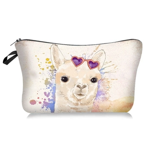 Detail of white canvas toiletry bag with colorful watercolor alpaca print and black zipper