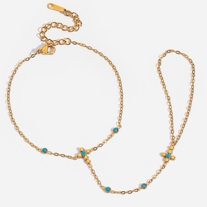 18K vergoldetes Edelstahl-Armband mit Türkis-Kreuzanhänger und integriertem Fingerring
