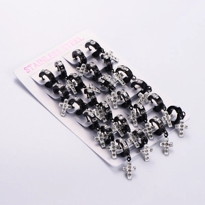 Set of 12 pairs of black stainless steel hoop earrings with crystal cross pendants