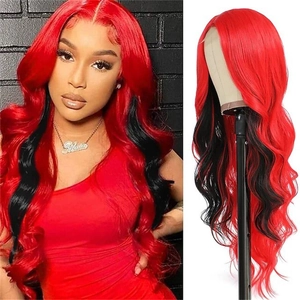 Long wavy ombre black and red synthetic lace wig for women in split screen view