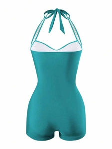 Detailed back view of lake blue halter neck one-piece swimsuit with lace-up tie design