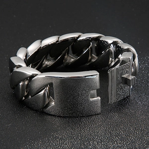 Polished silver stainless steel thick Cuban link chain bracelet for men with square clasp