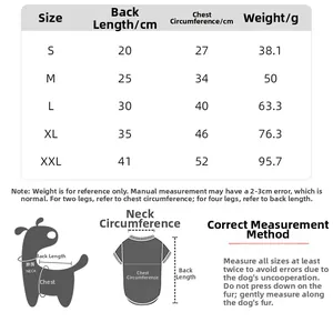 Detailed size chart for Japanese style dog towel fleece sweater with measurement guide