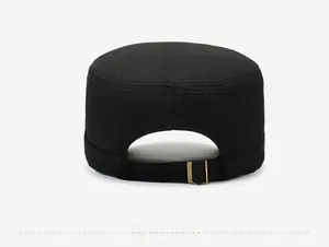 Rear view of black flat top military cap showing adjustable antique bronze metal buckle