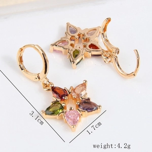 Gold star drop earrings with colorful zircon stones and size dimensions on white background